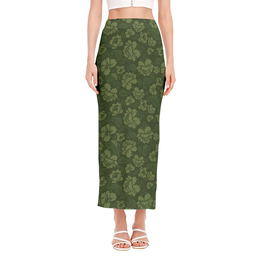 Military Green Camo Flower Pattern Print Side Slit Maxi Skirt