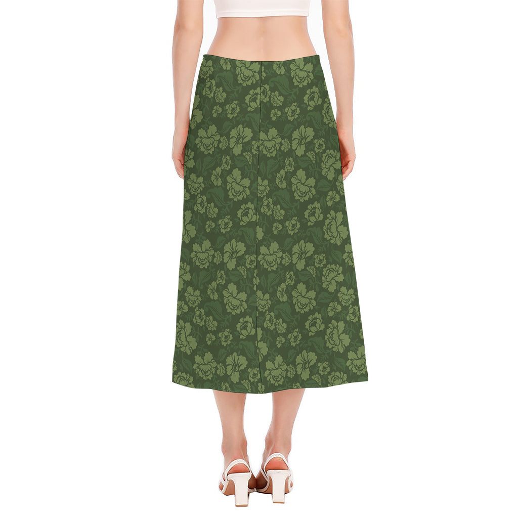 Military Green Camo Flower Pattern Print Side Slit Midi Skirt