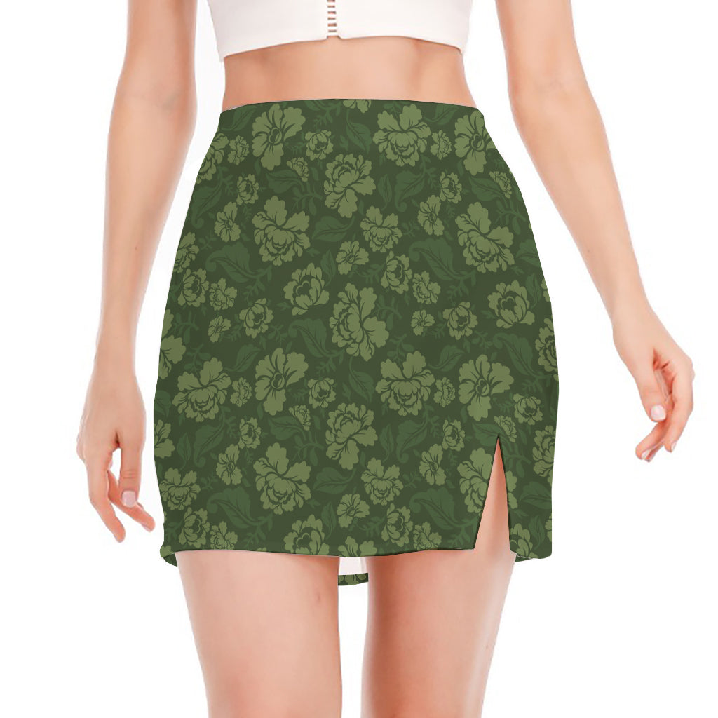 Military Green Camo Flower Pattern Print Side Slit Mini Skirt