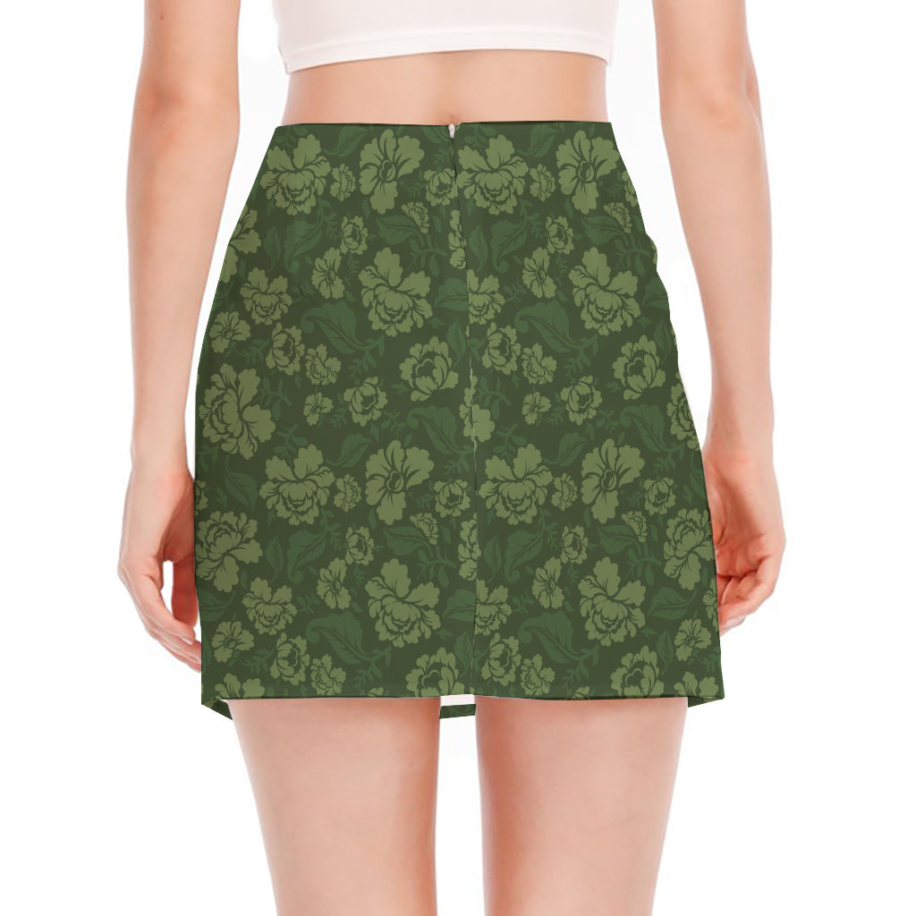 Military Green Camo Flower Pattern Print Side Slit Mini Skirt