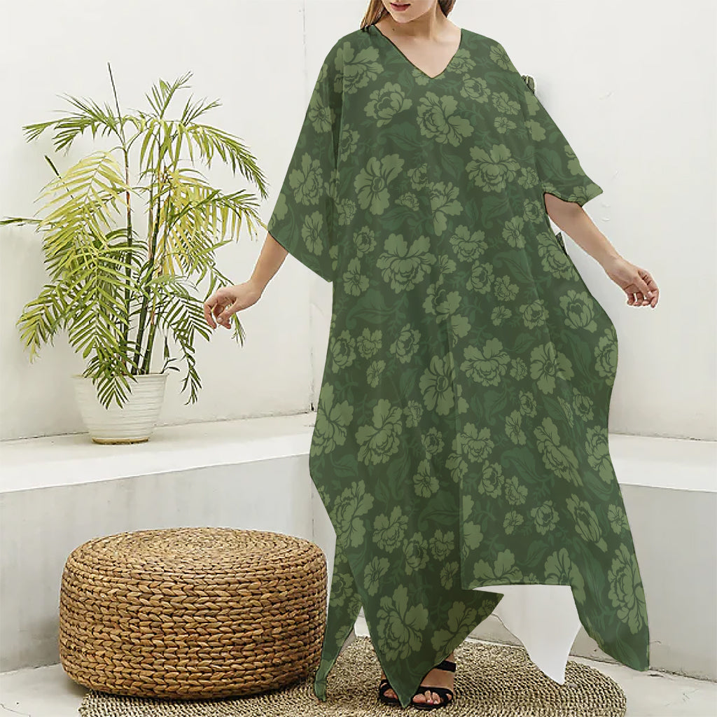 Military Green Camo Flower Pattern Print Silk V-Neck Kaftan Dress