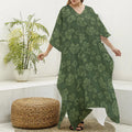 Military Green Camo Flower Pattern Print Silk V-Neck Kaftan Dress