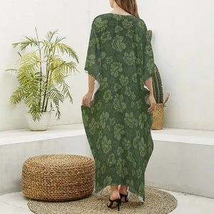 Military Green Camo Flower Pattern Print Silk V-Neck Kaftan Dress