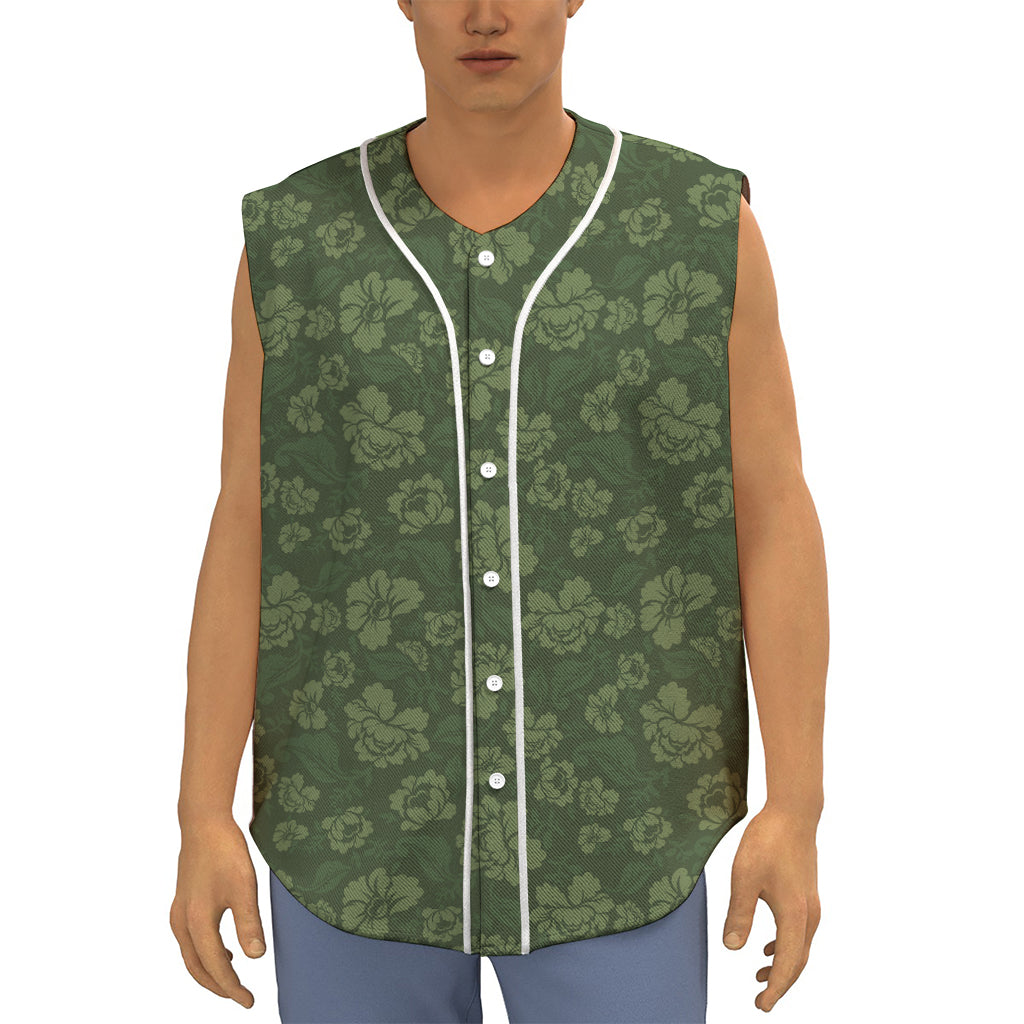 Military Green Camo Flower Pattern Print Sleeveless Baseball Jersey