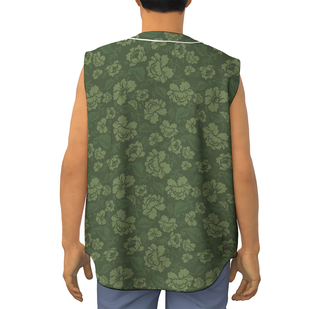 Military Green Camo Flower Pattern Print Sleeveless Baseball Jersey