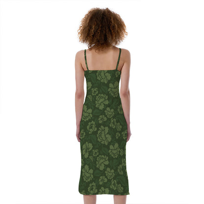 Military Green Camo Flower Pattern Print Slim Fit Midi Cami Dress