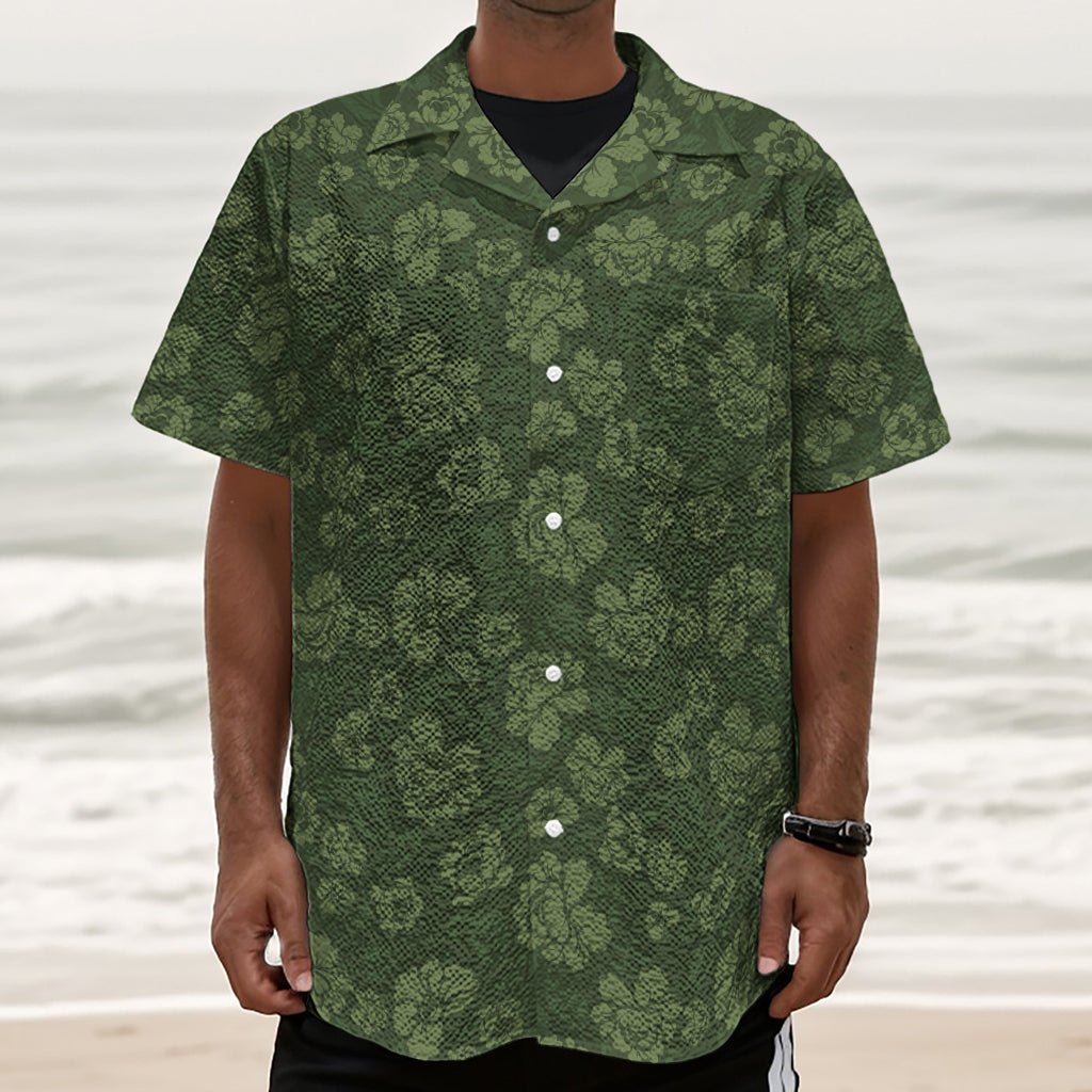 Military Green Camo Flower Pattern Print Textured Short Sleeve Shirt