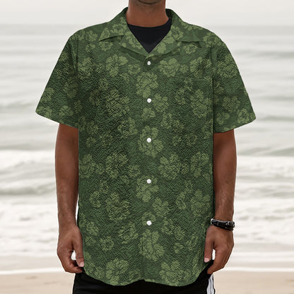 Military Green Camo Flower Pattern Print Textured Short Sleeve Shirt