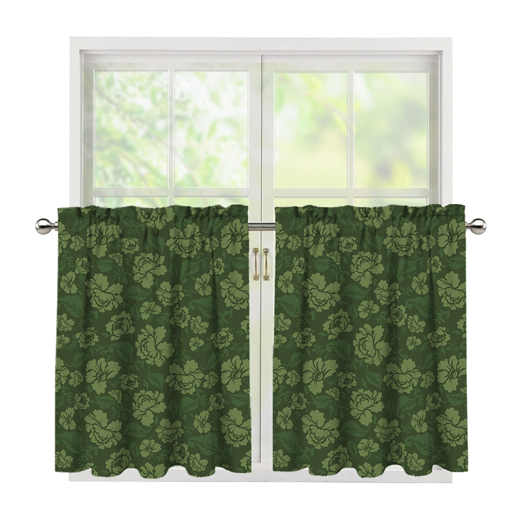 Military Green Camo Flower Pattern Print Tier Curtains
