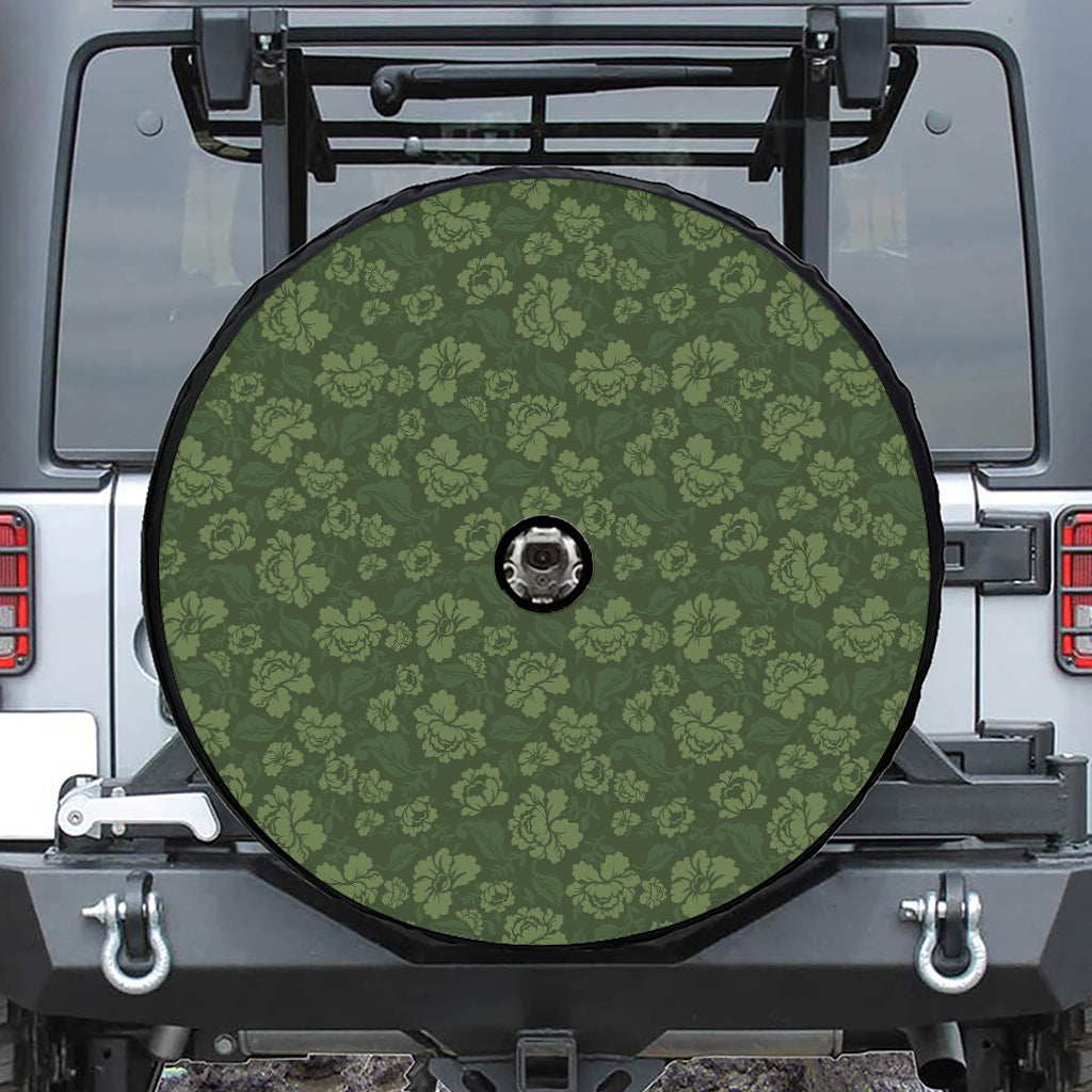 Military Green Camo Flower Pattern Print Tire Cover With Camera Hole