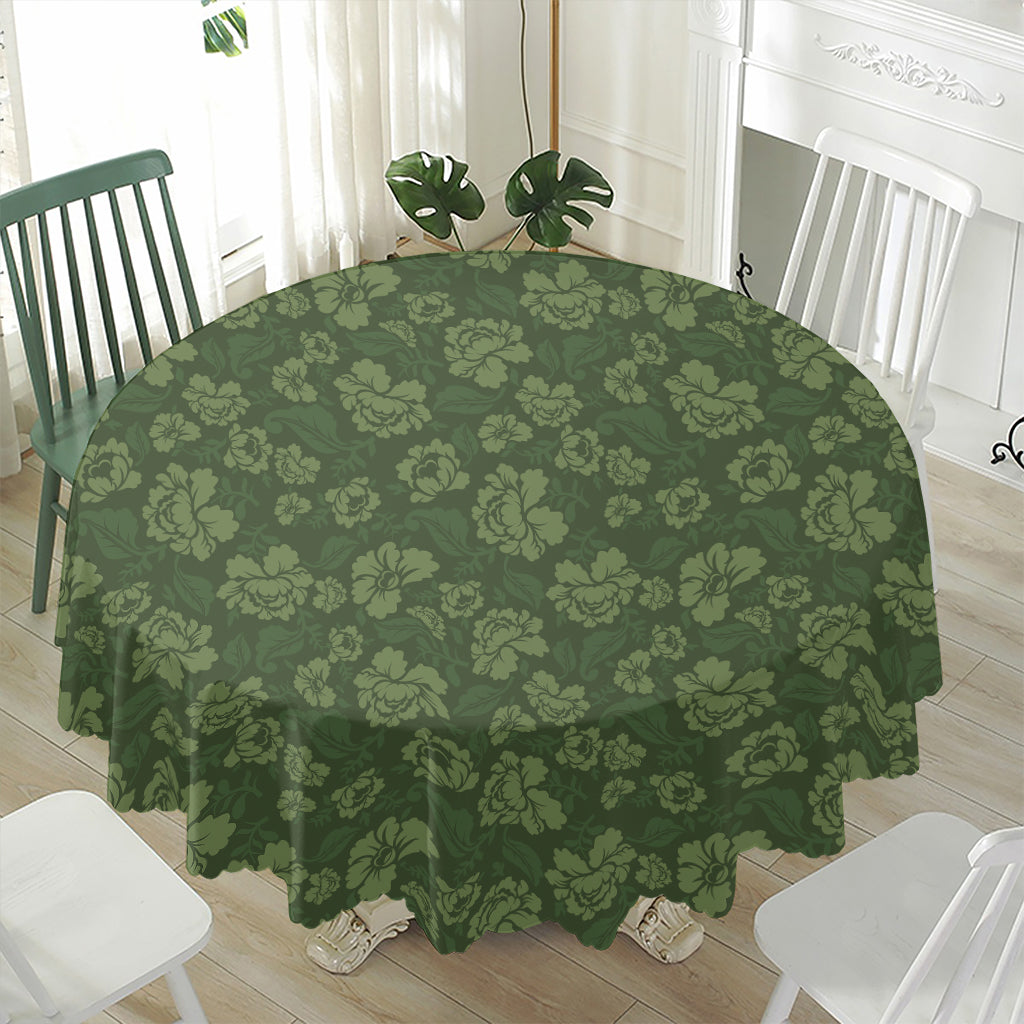 Military Green Camo Flower Pattern Print Waterproof Round Tablecloth