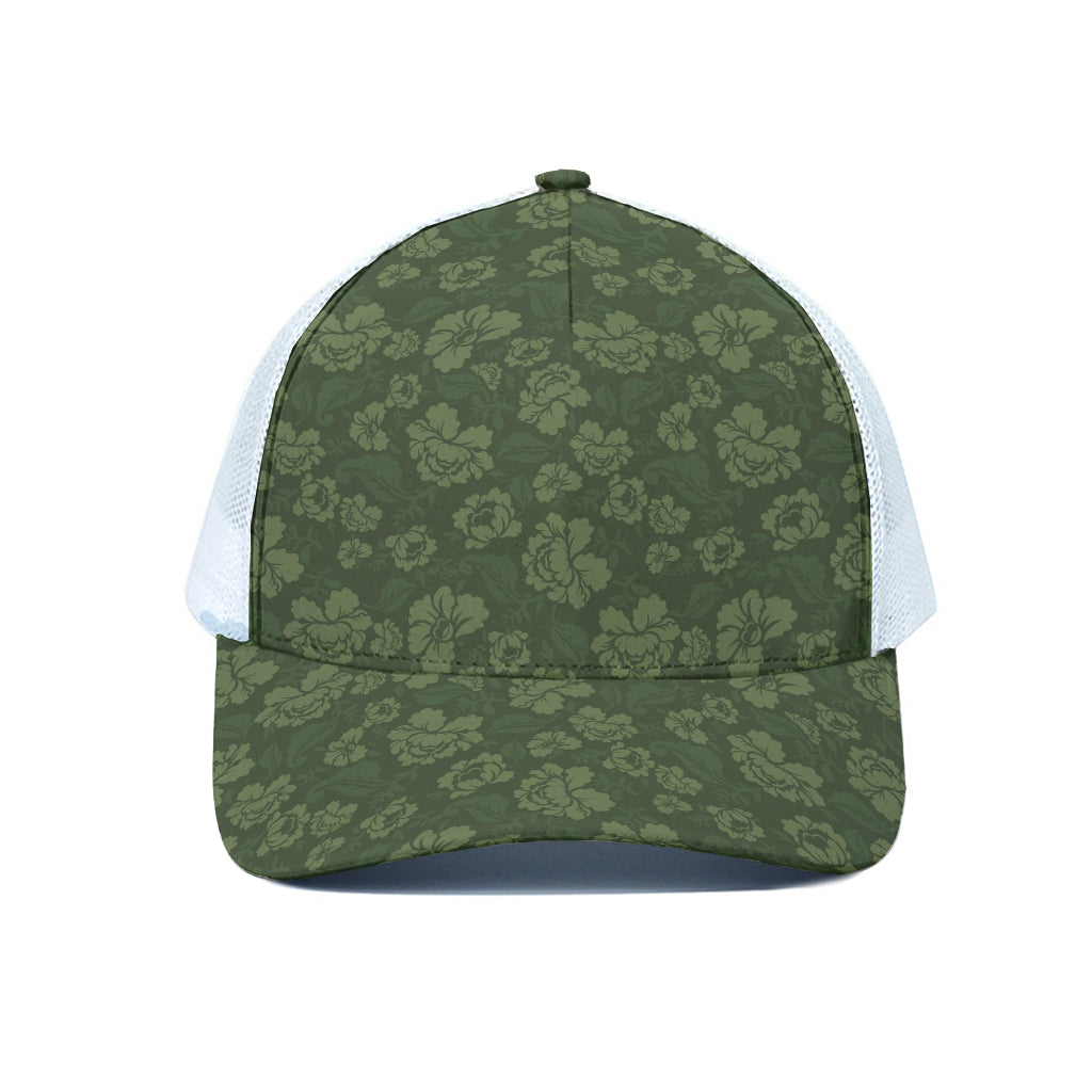 Military Green Camo Flower Pattern Print White Mesh Trucker Cap