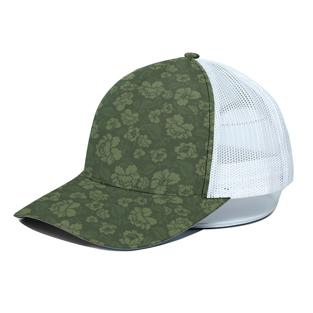 Military Green Camo Flower Pattern Print White Mesh Trucker Cap