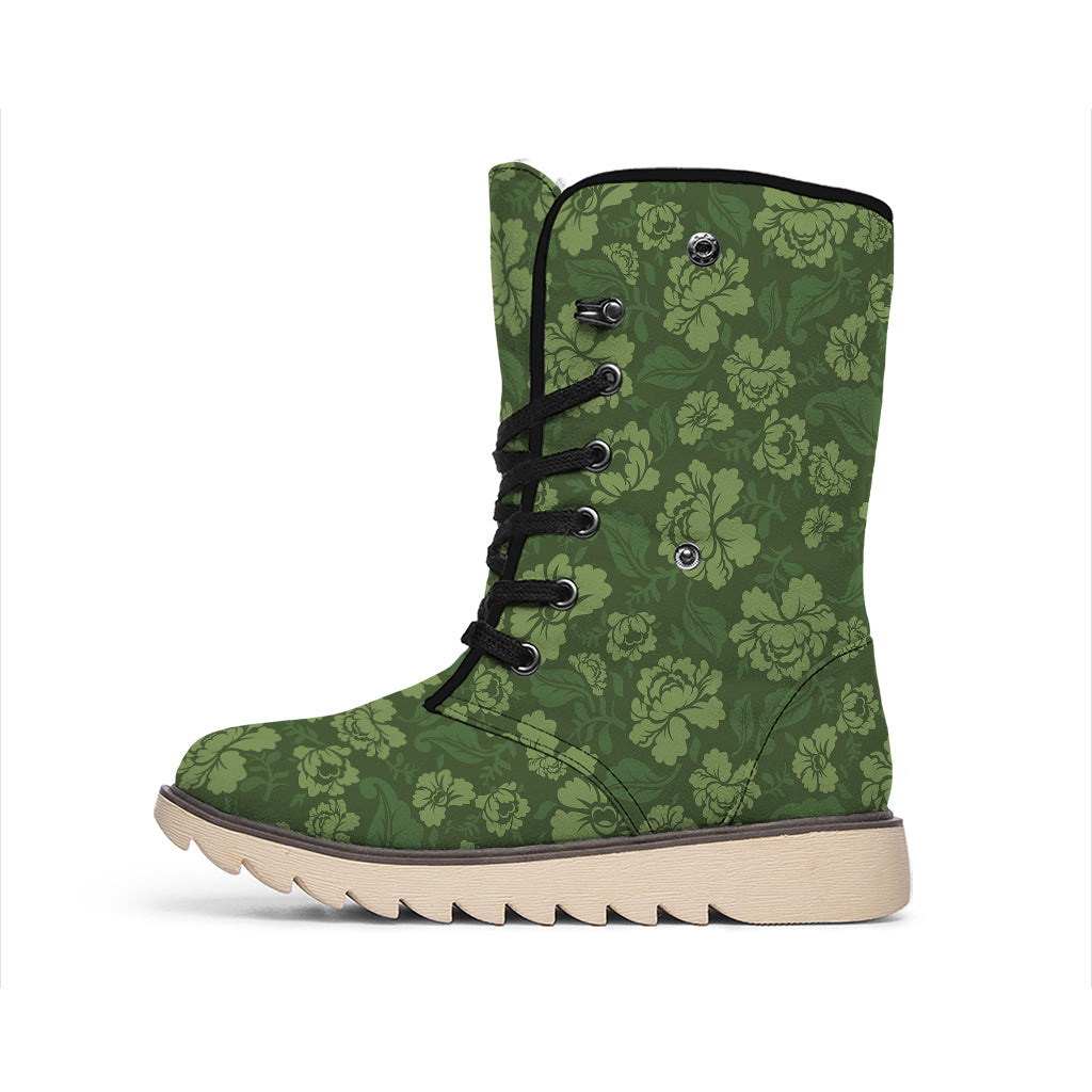 Military Green Camo Flower Pattern Print Winter Boots