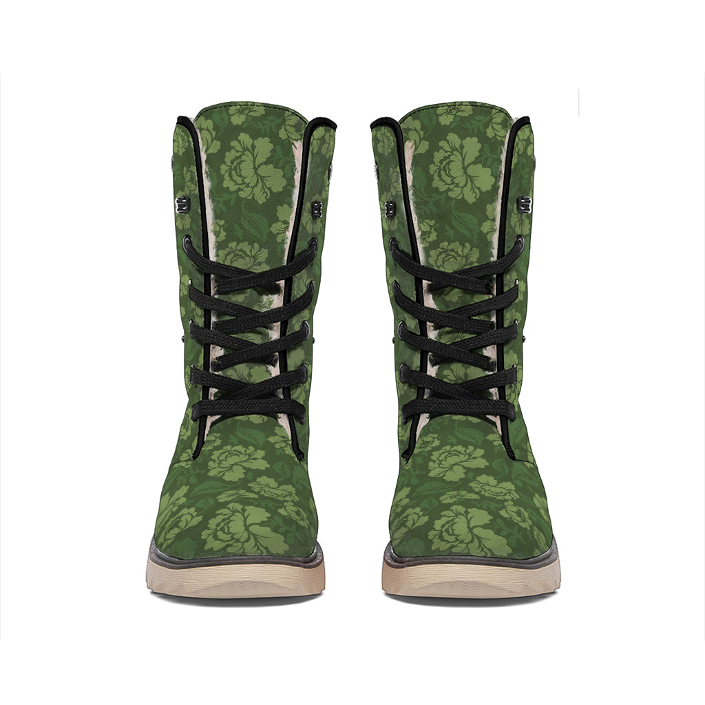 Military Green Camo Flower Pattern Print Winter Boots