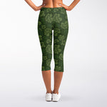 Military Green Camo Flower Pattern Print Women's Capri Leggings