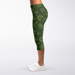 Military Green Camo Flower Pattern Print Women's Capri Leggings