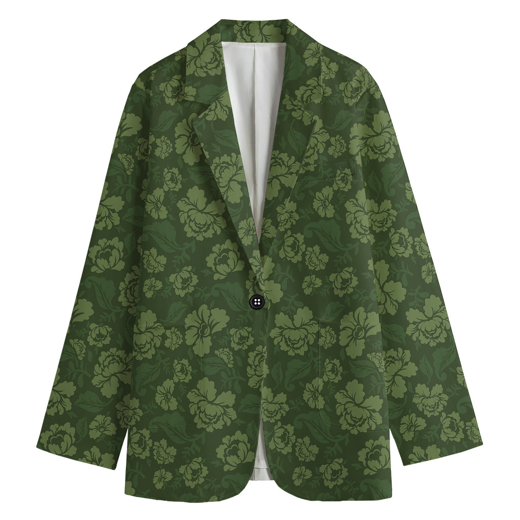 Military Green Camo Flower Pattern Print Women's Cotton Blazer