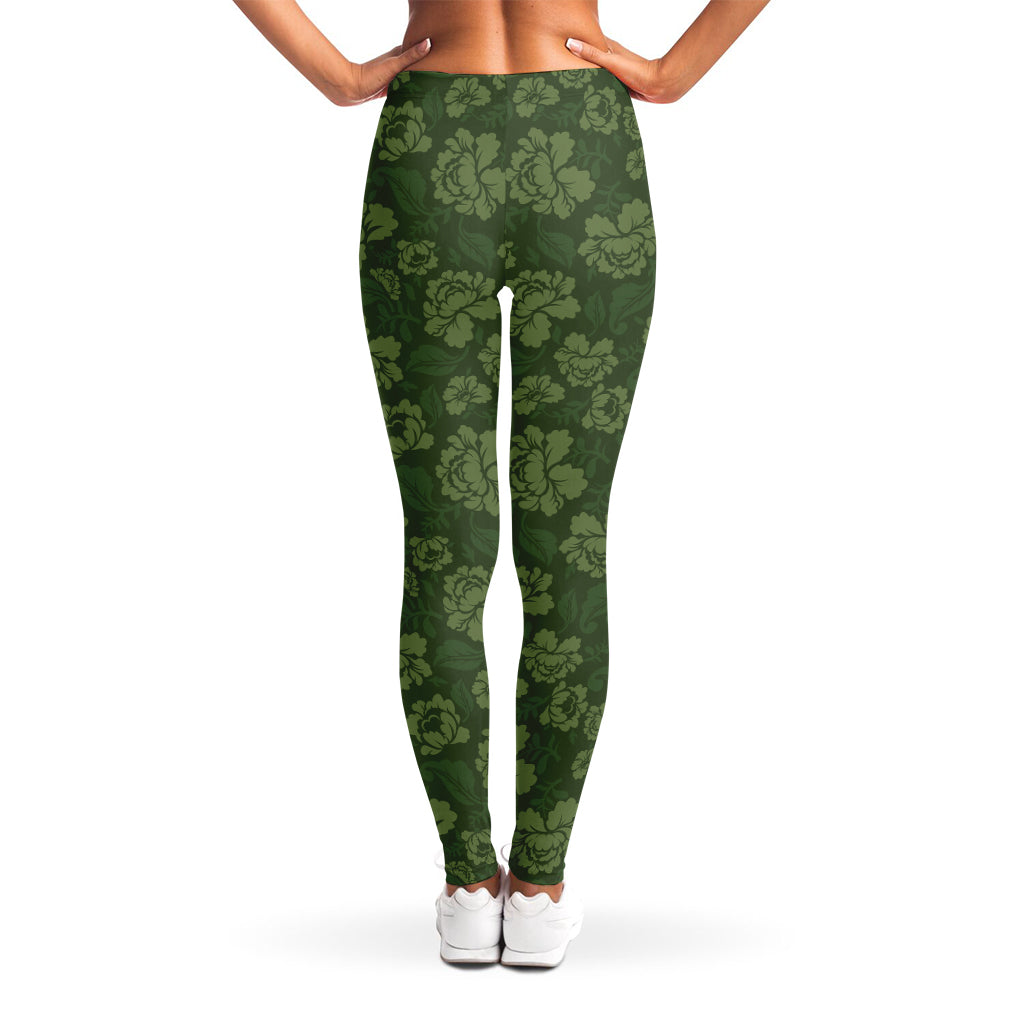 Military Green Camo Flower Pattern Print Women's Leggings