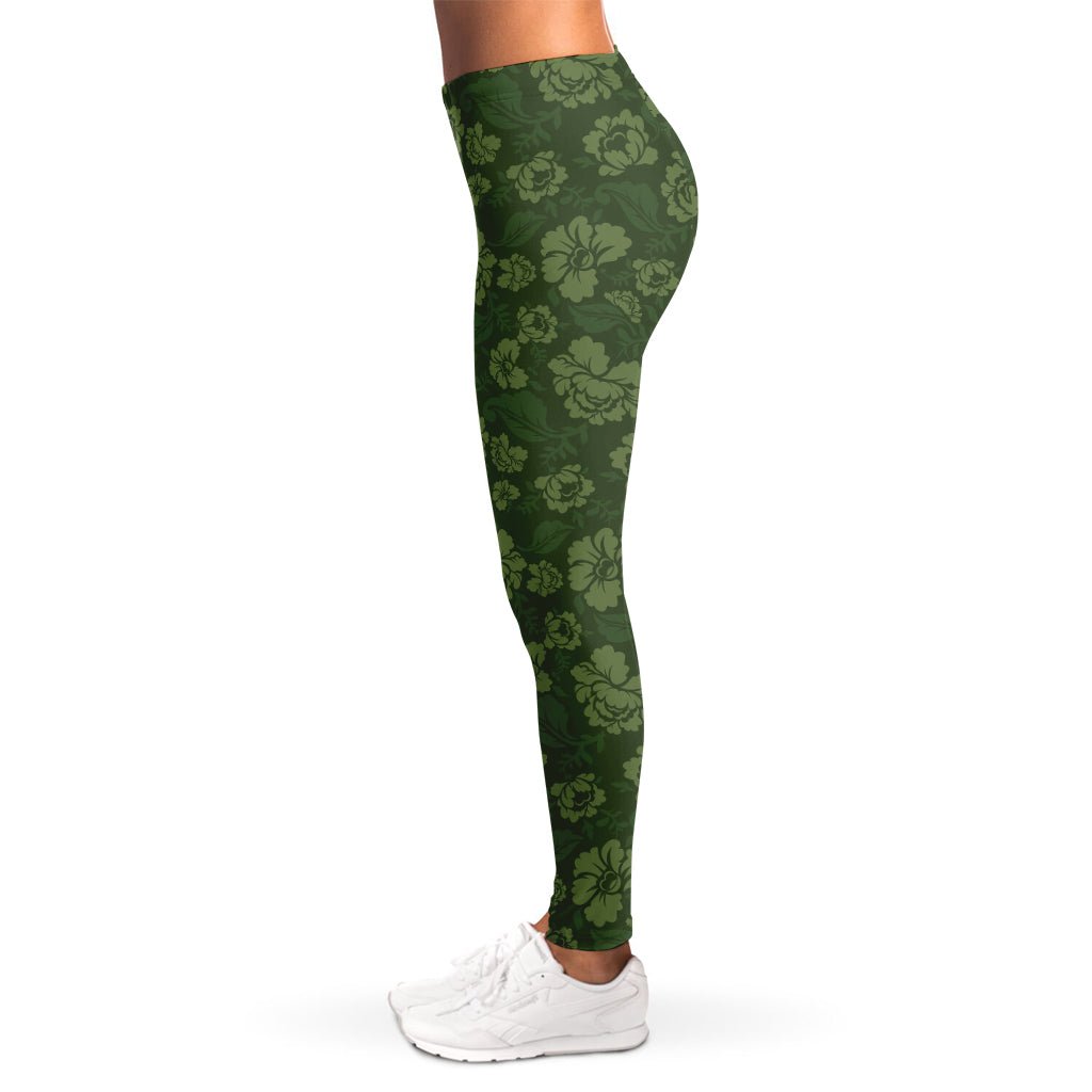 Military Green Camo Flower Pattern Print Women's Leggings