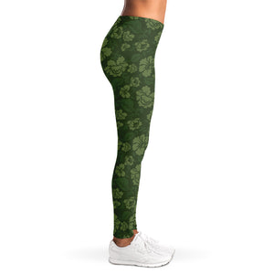 Military Green Camo Flower Pattern Print Women's Leggings