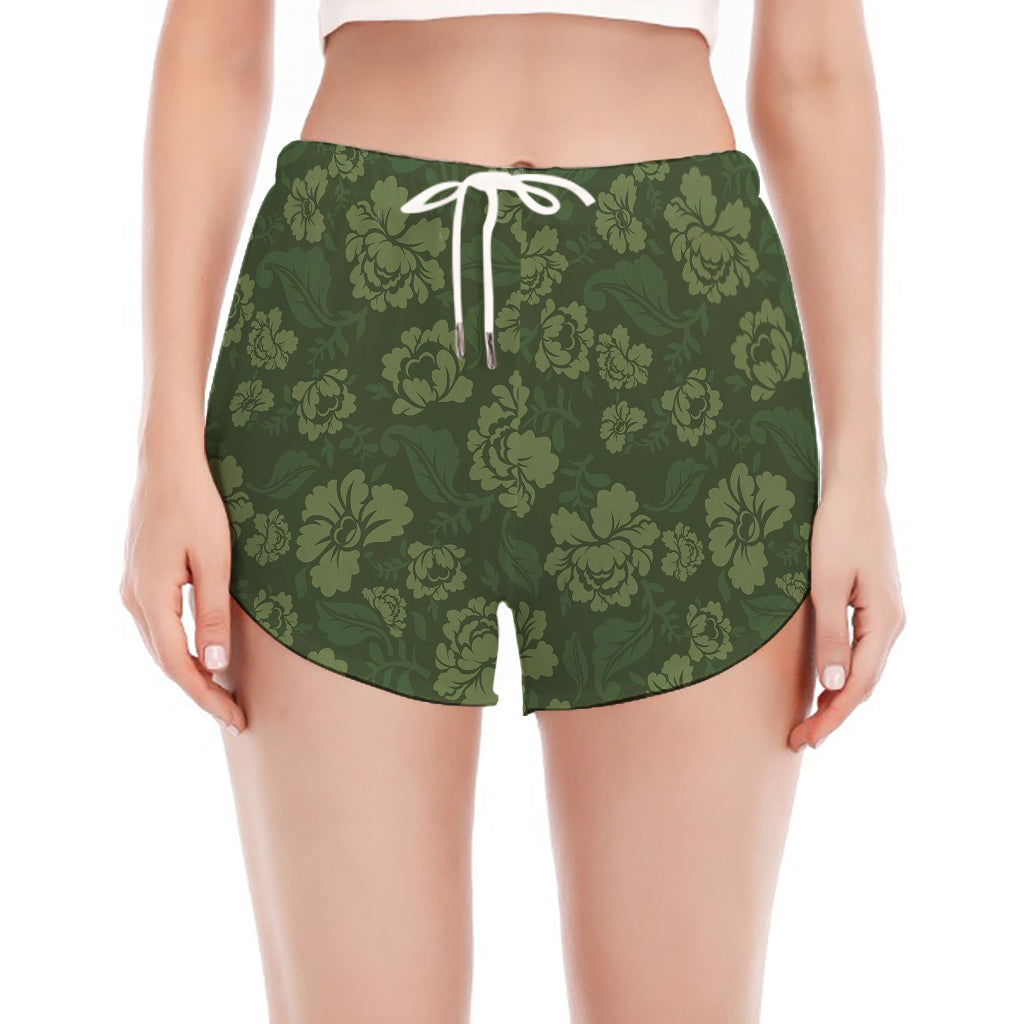 Military Green Camo Flower Pattern Print Women's Split Running Shorts