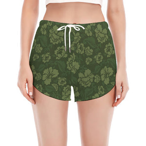 Military Green Camo Flower Pattern Print Women's Split Running Shorts