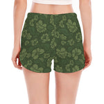 Military Green Camo Flower Pattern Print Women's Split Running Shorts