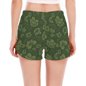 Military Green Camo Flower Pattern Print Women's Split Running Shorts