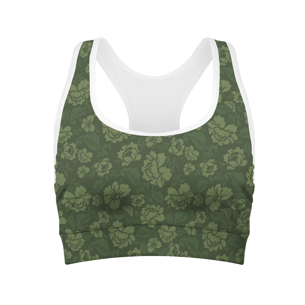 Military Green Camo Flower Pattern Print Women's Sports Bra