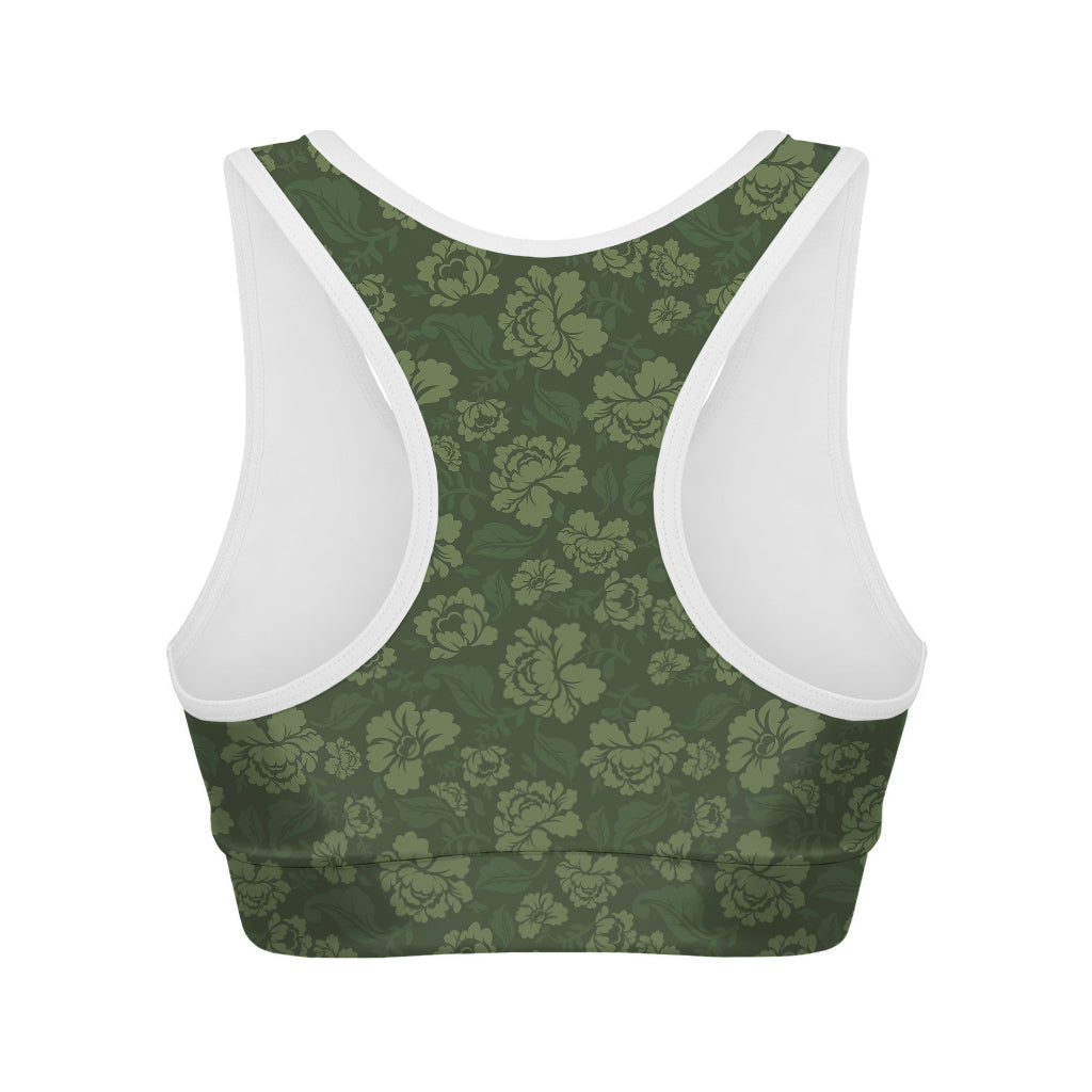 Military Green Camo Flower Pattern Print Women's Sports Bra