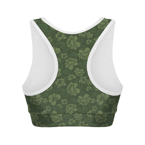 Military Green Camo Flower Pattern Print Women's Sports Bra