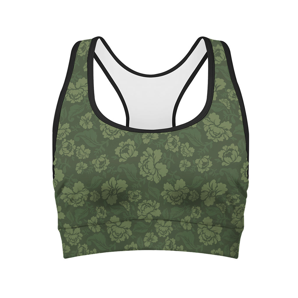 Military Green Camo Flower Pattern Print Women's Sports Bra