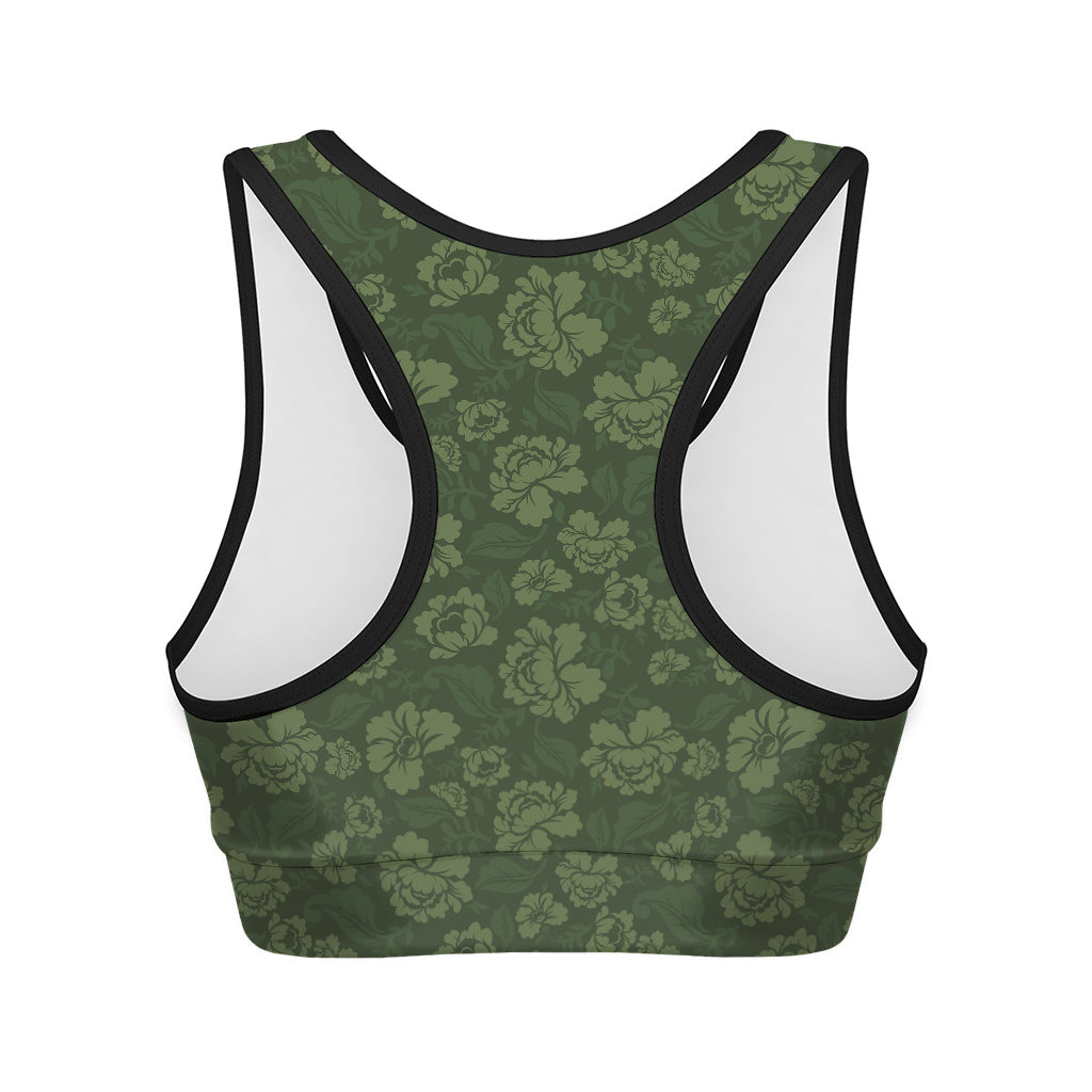 Military Green Camo Flower Pattern Print Women's Sports Bra