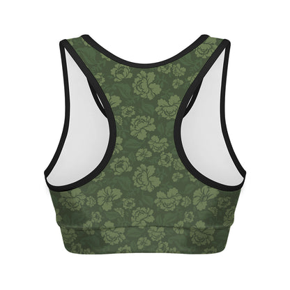 Military Green Camo Flower Pattern Print Women's Sports Bra