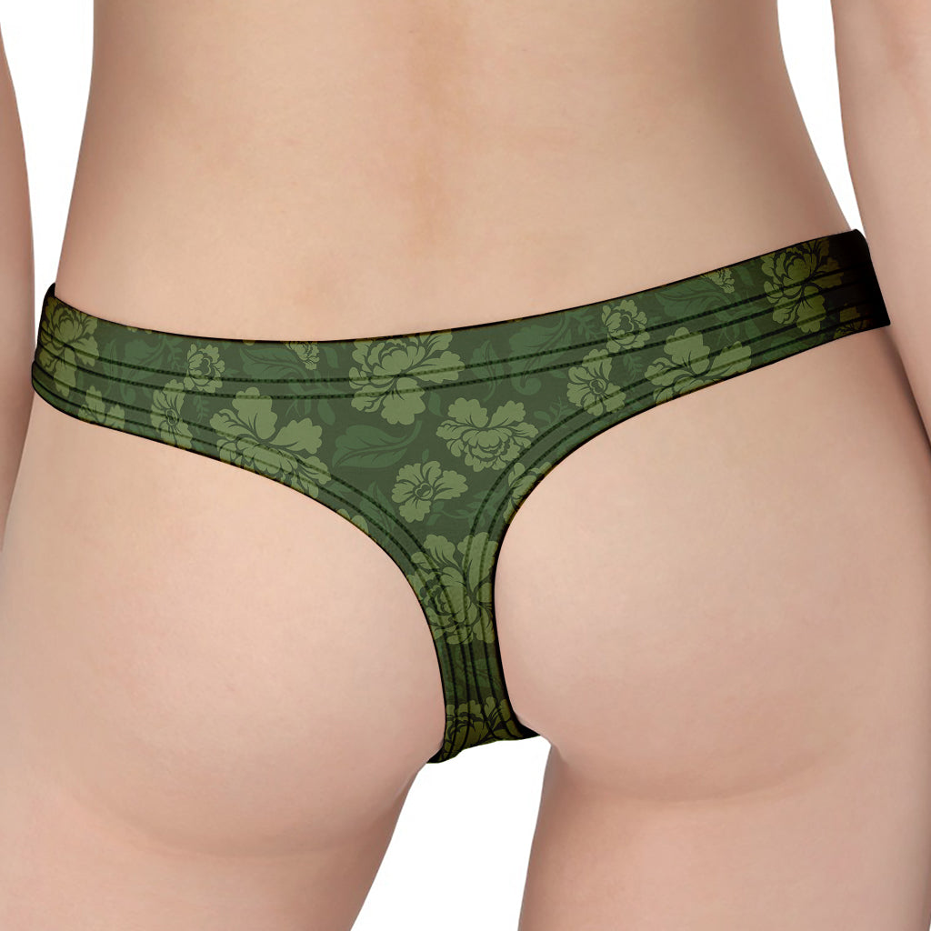 Military Green Camo Flower Pattern Print Women's Thong