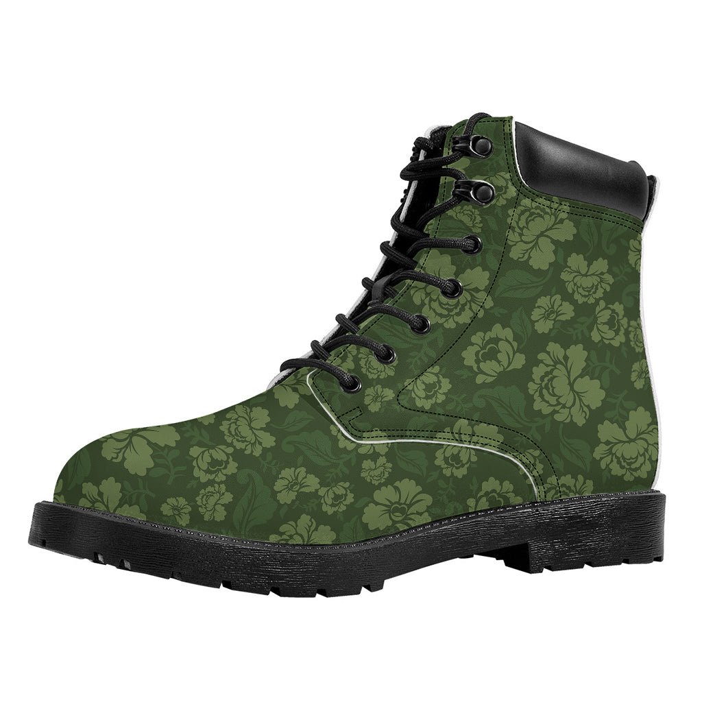 Military Green Camo Flower Pattern Print Work Boots