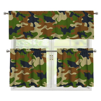 Military Green Camouflage Print 3 Piece Kitchen Curtains