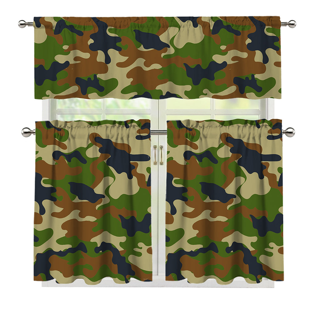 Military Green Camouflage Print 3 Piece Kitchen Curtains