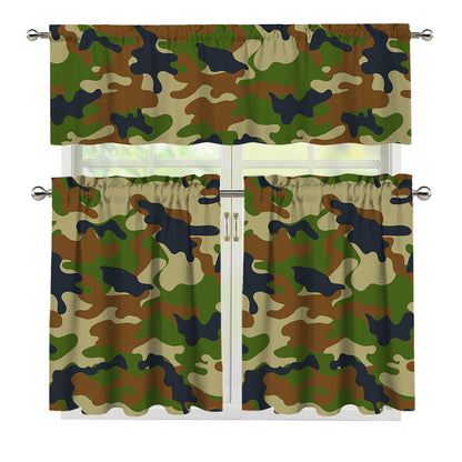 Military Green Camouflage Print 3 Piece Kitchen Curtains