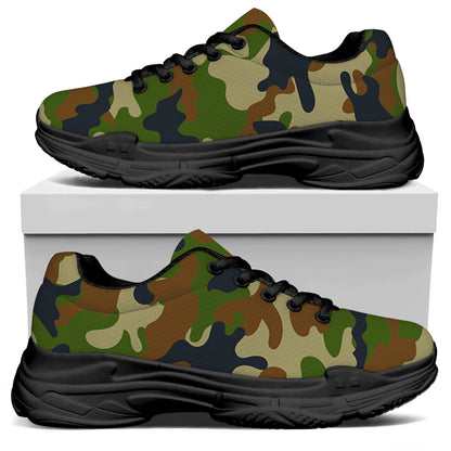 Military Green Camouflage Print Black Chunky Shoes
