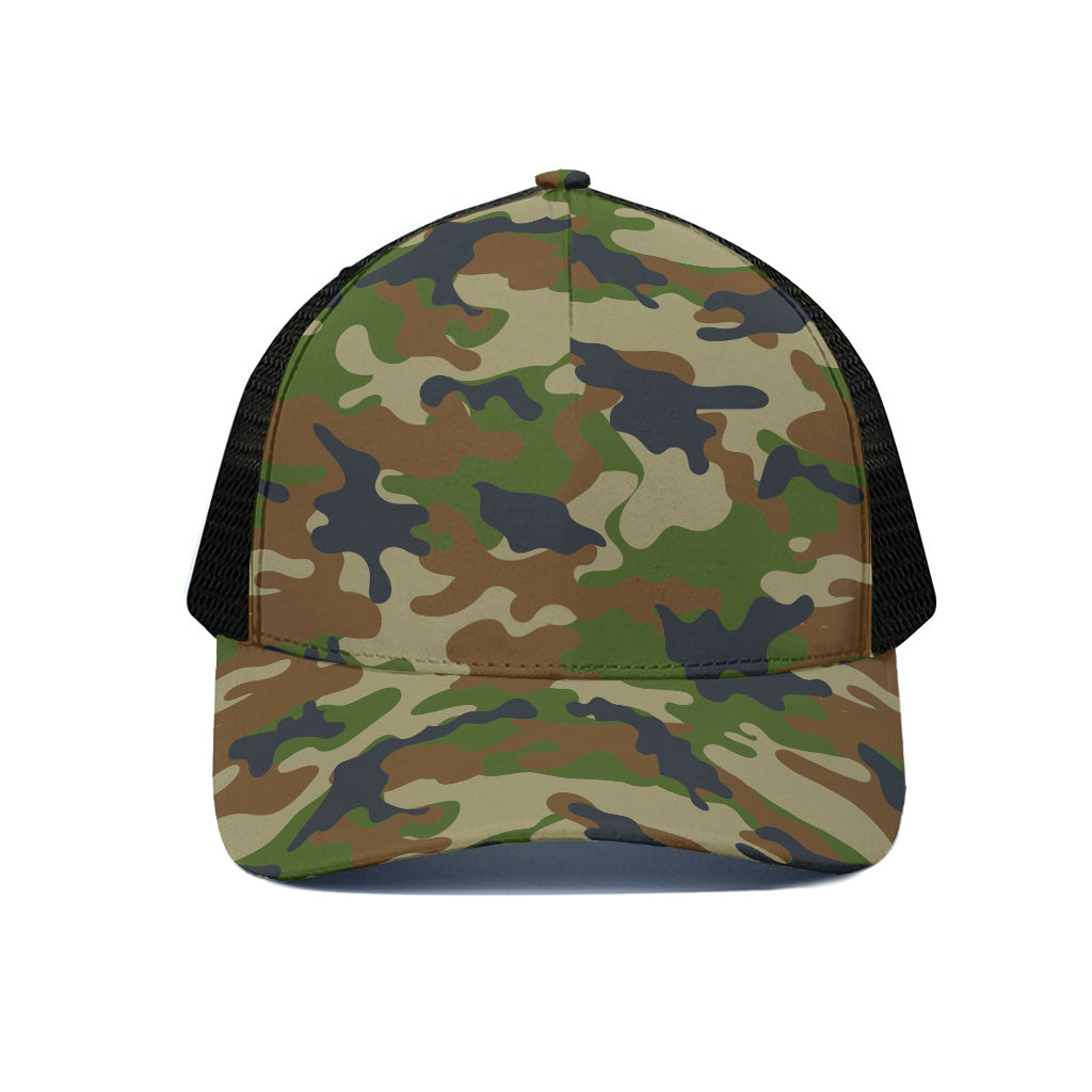 Military Green Camouflage Print Black Mesh Trucker Cap