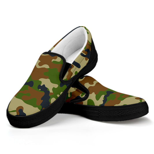 Military Green Camouflage Print Black Slip On Sneakers