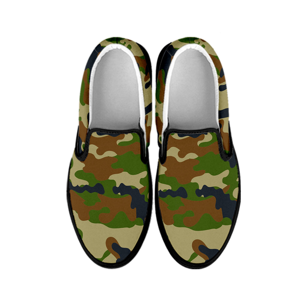Military Green Camouflage Print Black Slip On Sneakers