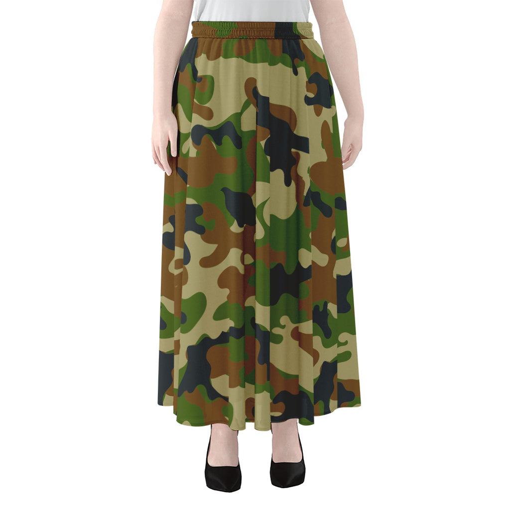 Military Green Camouflage Print Chiffon Maxi Skirt