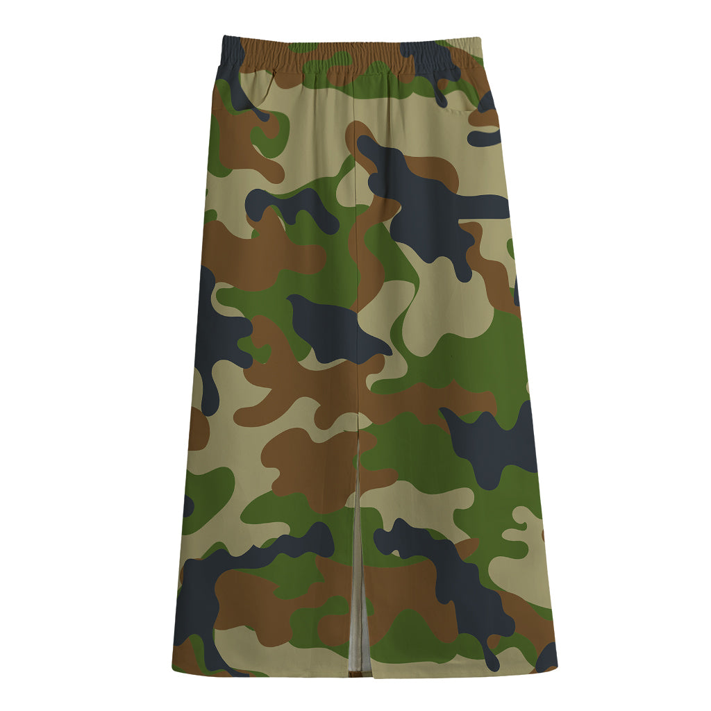 Military Green Camouflage Print Cotton Front Slit Maxi Skirt
