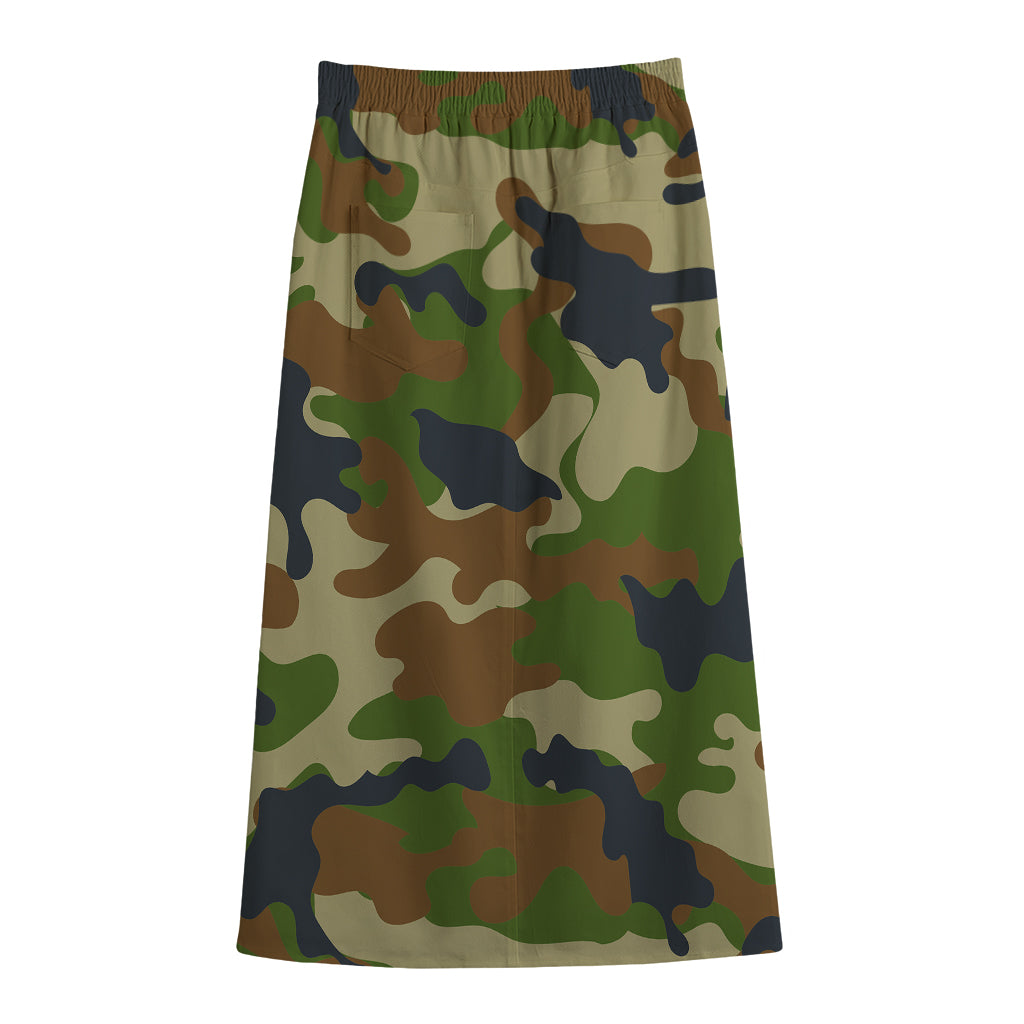Military Green Camouflage Print Cotton Front Slit Maxi Skirt