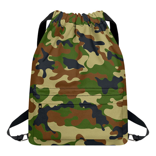 Military Green Camouflage Print Drawstring Backpack