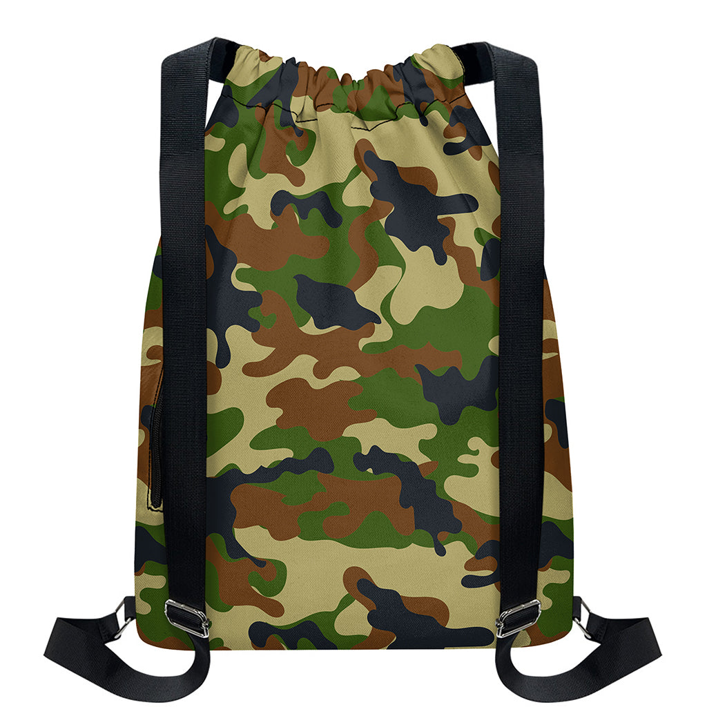 Military Green Camouflage Print Drawstring Backpack