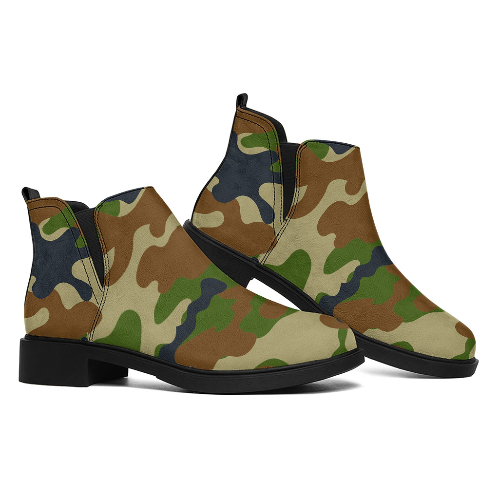 Military Green Camouflage Print Flat Ankle Boots